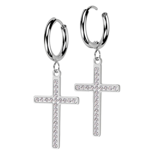 Pair of 316L Surgical Steel White CZ Dangly Cross Hoop Earrings - Pierced Universe