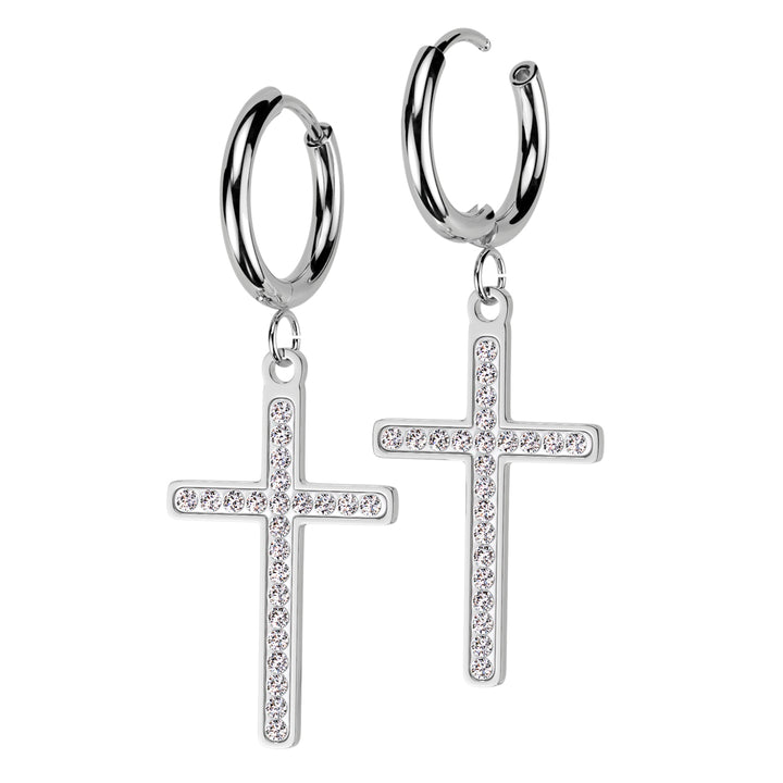 Pair of 316L Surgical Steel White CZ Dangly Cross Hoop Earrings - Pierced Universe