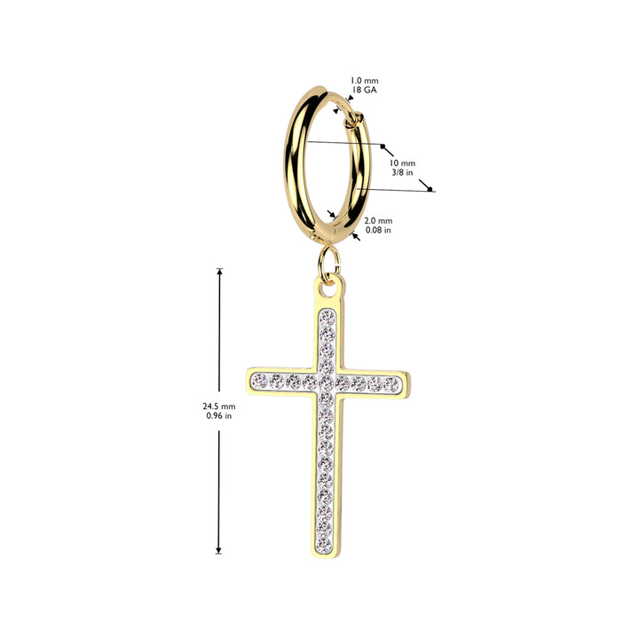 Pair of 316L Surgical Steel Gold PVD White CZ Dangly Cross Hoop Earrings - Pierced Universe