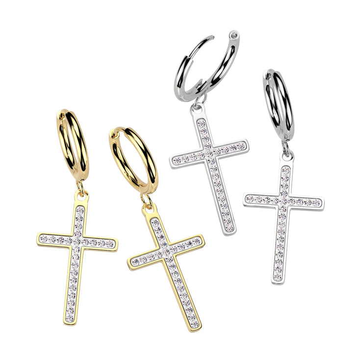 Pair of 316L Surgical Steel Gold PVD White CZ Dangly Cross Hoop Earrings - Pierced Universe