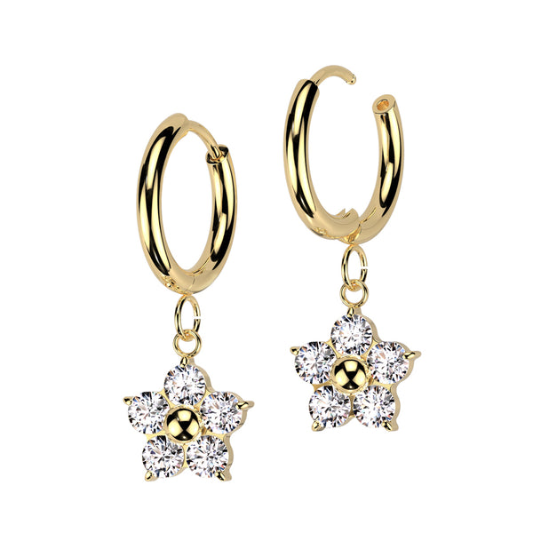 Pair of 316L Surgical Steel Gold PVD Large White CZ Flower Dangle Hoop Earrings - Pierced Universe