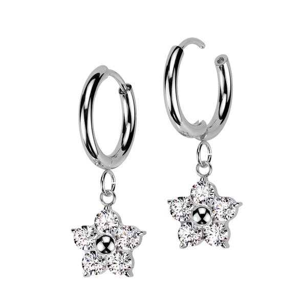 Pair of 316L Surgical Steel Large White CZ Flower Dangle Hoop Earrings - Pierced Universe