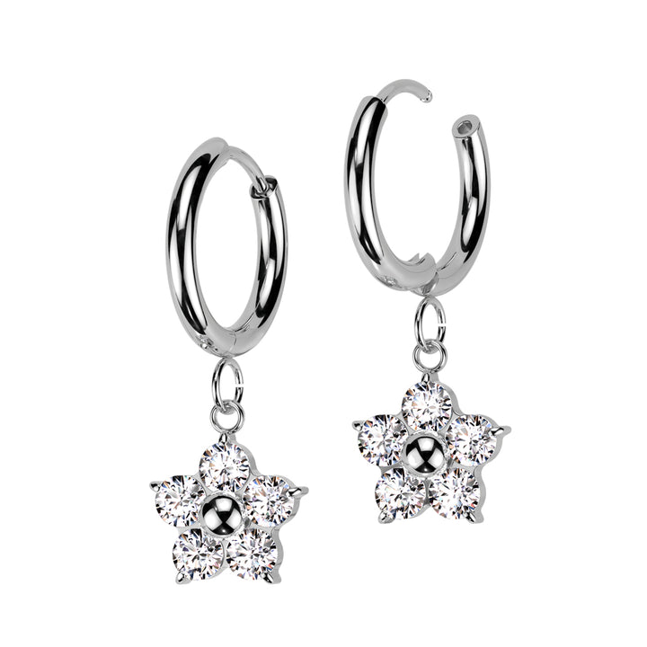Pair of 316L Surgical Steel Large White CZ Flower Dangle Hoop Earrings - Pierced Universe