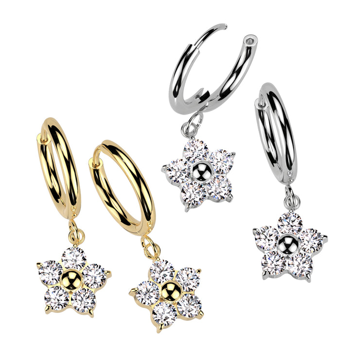 Pair of 316L Surgical Steel Gold PVD Large White CZ Flower Dangle Hoop Earrings - Pierced Universe