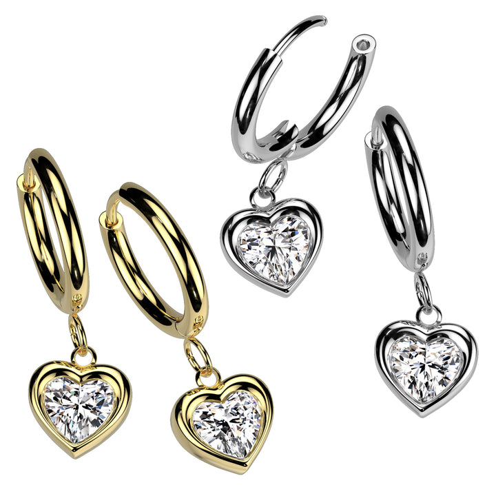 Pair of 316L Surgical Steel White CZ Heart Shaped Gem Dangle Hoop Earrings - Pierced Universe