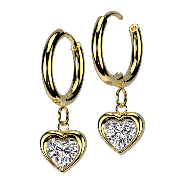Pair of 316L Surgical Steel Gold PVD White CZ Heart Shaped Gem Dangle Hoop Earrings - Pierced Universe