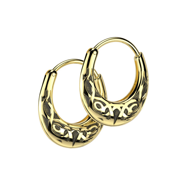 Pair of 316L Surgical Steel Gold PVD 16ga Tribal Design Hoop Earrings - Pierced Universe