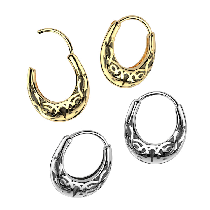 Pair of 316L Surgical Steel Gold PVD 16ga Tribal Design Hoop Earrings - Pierced Universe