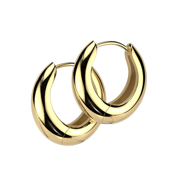 Pair of 316L Surgical Steel Gold PVD Oval Shaped Thick Hoop Earrings - Pierced Universe