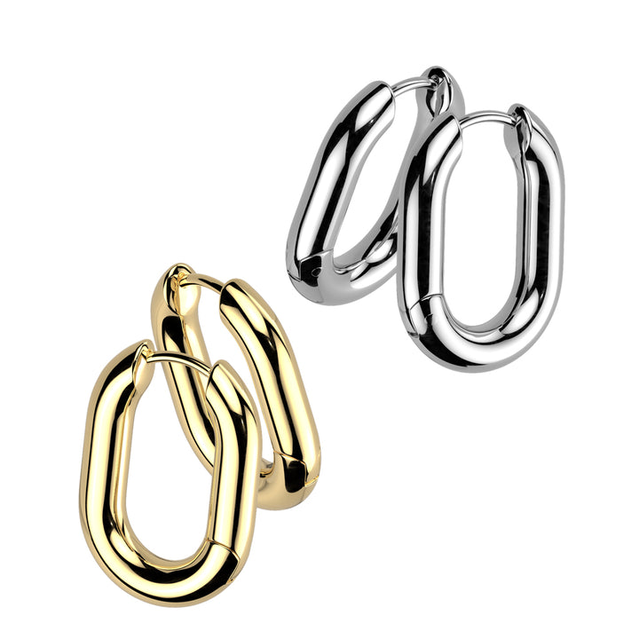 Pair of 316L Surgical Steel Gold PVD Rounded Oval Hinged Hoop Earrings - Pierced Universe