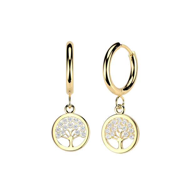 Pair of 316L Surgical Steel Gold PVD White CZ Tree Of Life Dangle Hinged Hoop Earrings