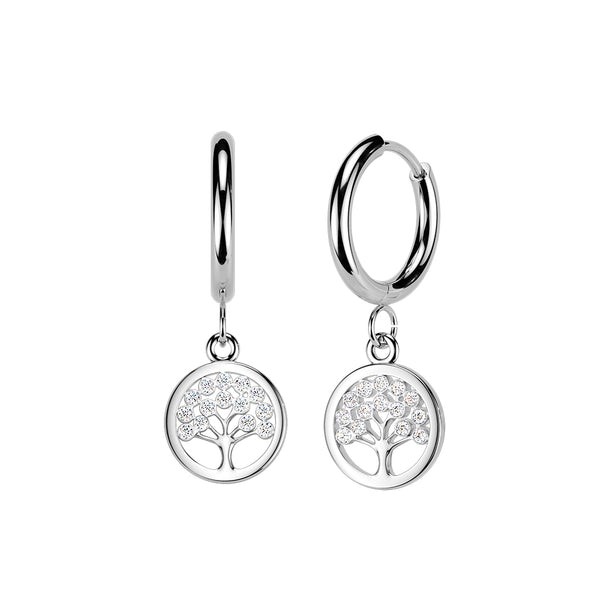 Pair of 316L Surgical Steel White CZ Tree Of Life Dangle Hinged Hoop Earrings