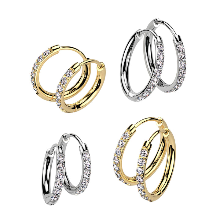Pair of 316L Surgical Steel Gold PVD White CZ Dainty Hoop Earrings - Pierced Universe