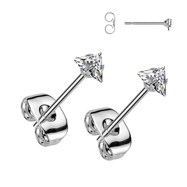 Pair of 316L Surgical Steel White CZ Triangle Stud Earrings - Pierced Universe