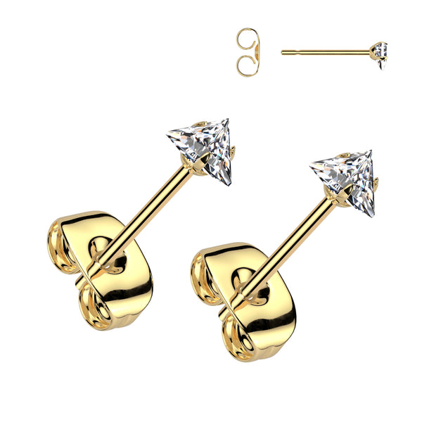 Pair of 316L Surgical Steel Gold PVD White CZ Triangle Stud Earrings - Pierced Universe