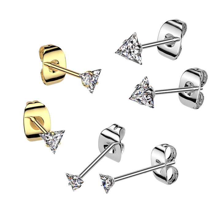 Pair of 316L Surgical Steel White CZ Triangle Stud Earrings - Pierced Universe