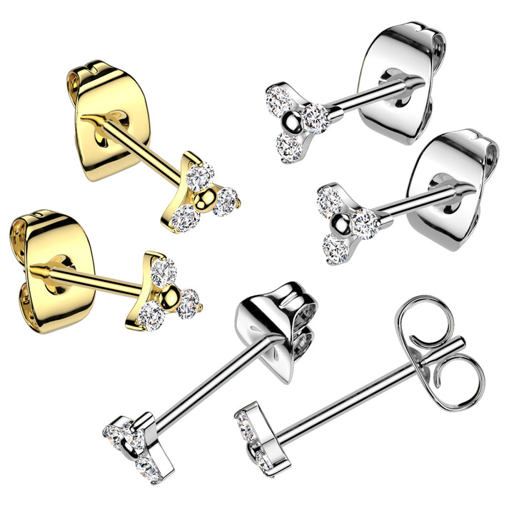 Pair of Implant Grade Titanium Gold PVD White CZ Trillium Stud Earrings - Pierced Universe