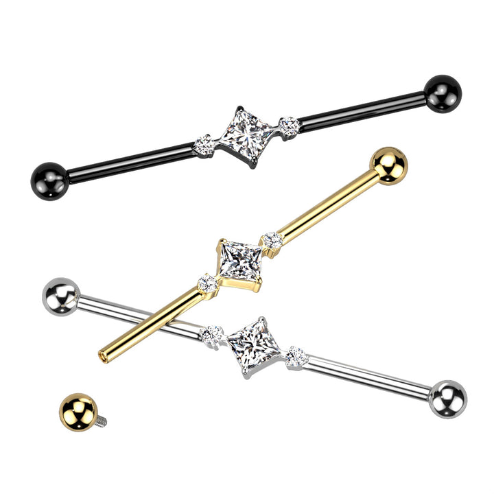 Implant Grade Titanium Black PVD White CZ Square & Circle Gem Cluster Industrial Straight Barbell - Pierced Universe