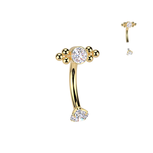 Implant Grade Titanium Gold PVD White CZ Bezel Boho Beaded Internally Threaded Curved Barbell - Pierced Universe
