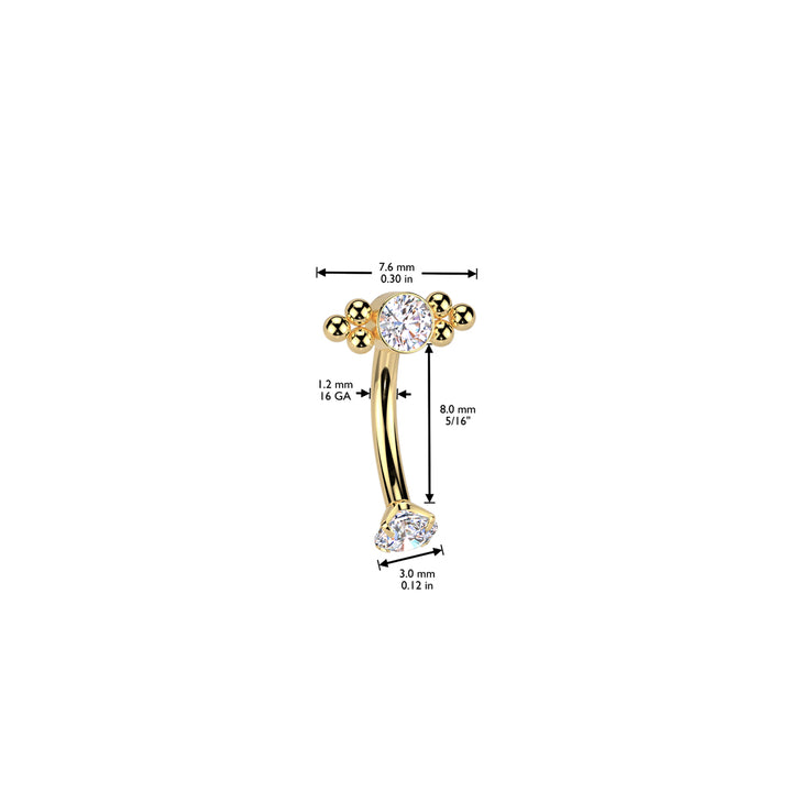 Implant Grade Titanium Gold PVD White CZ Bezel Boho Beaded Internally Threaded Curved Barbell - Pierced Universe