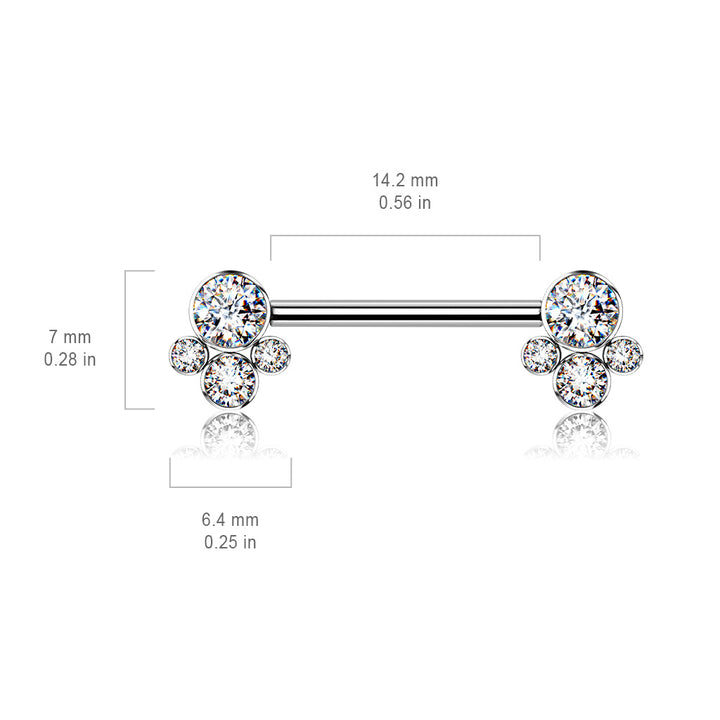 Implant Grade Titanium Internally Threaded Aqua CZ Cluster Nipple Ring Straight Barbell - Pierced Universe