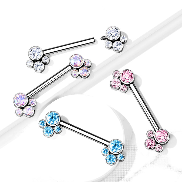 Implant Grade Titanium Internally Threaded Aqua CZ Cluster Nipple Ring Straight Barbell - Pierced Universe