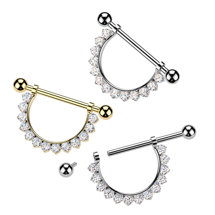 Implant Grade Titanium Gold PVD White CZ Nipple Shield Internally Threaded Straight Barbell - Pierced Universe