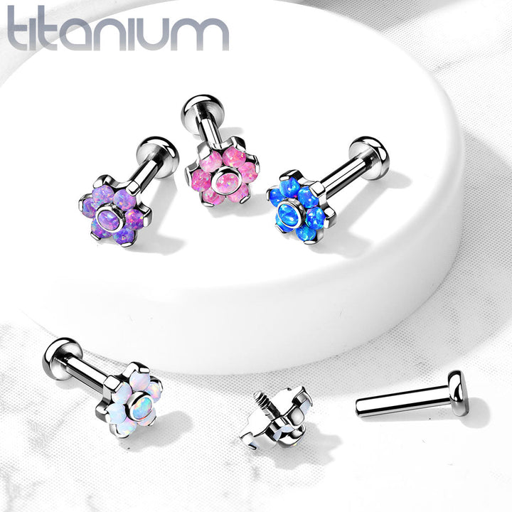 Implant Grade Titanium Blue Opal Flower Internally Threaded Flat Back Labret - Pierced Universe