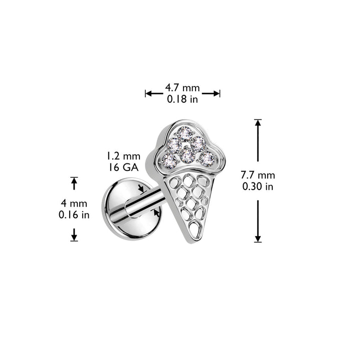 Implant Grade Titanium Gold PVD White CZ Ice Cream Internally Threaded Flat Back Labret - Pierced Universe