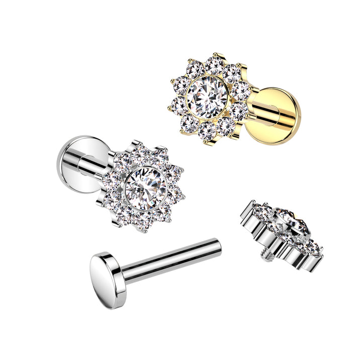 Implant Grade Titanium Gold PVD White CZ Flower Internally Threaded Flat Back Labret - Pierced Universe