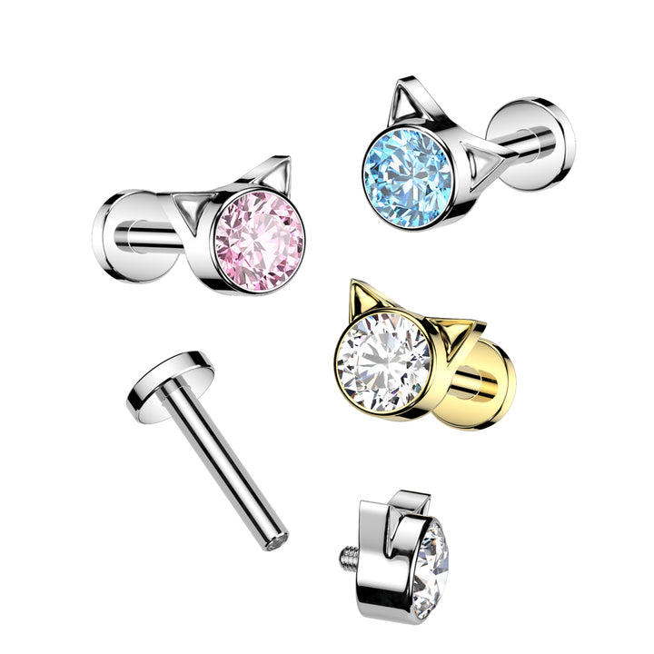 Implant Grade Titanium Pink CZ Cat Internally Threaded Flat Back Labret - Pierced Universe