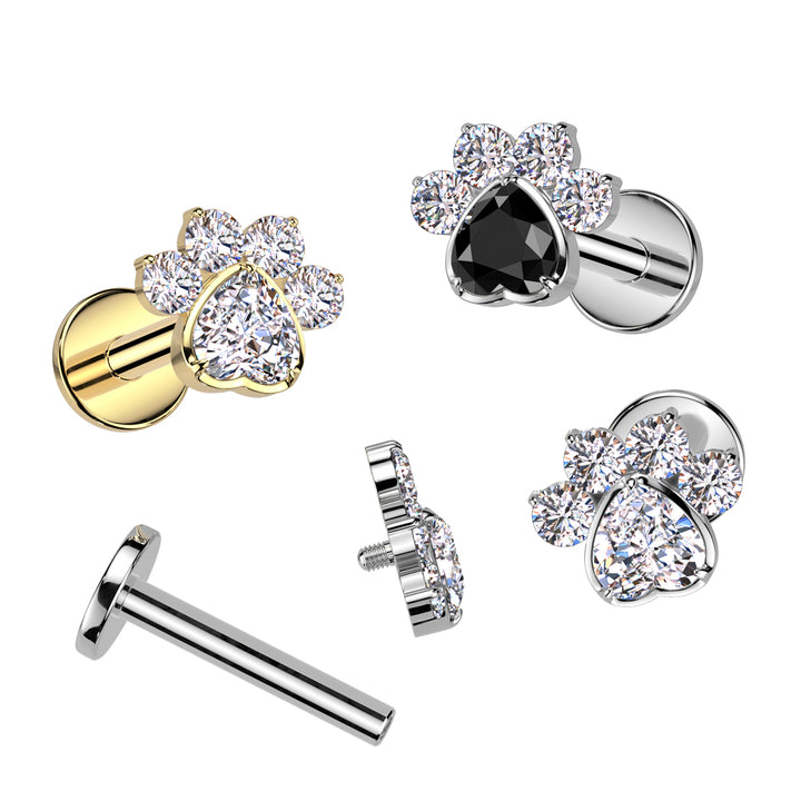 Implant Grade Titanium White & Black CZ Gem Paw Print Internally Threaded Flat Back Labret - Pierced Universe
