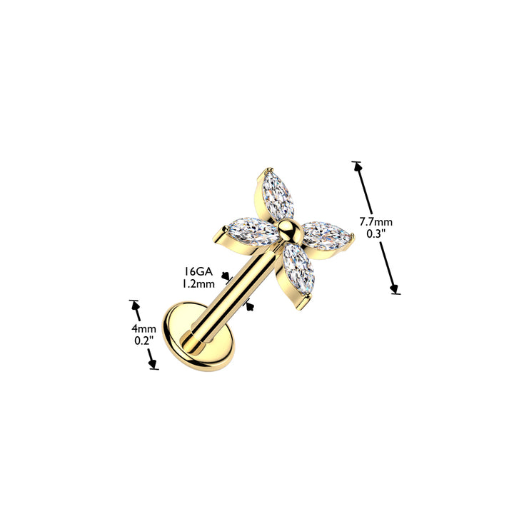 Implant Grade Titanium Gold PVD White CZ Large Four Petal Flower Internally Threaded Flat Back Labret - Pierced Universe