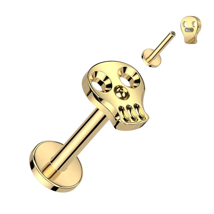 Implant Grade Titanium Gold PVD Skull Internally Threaded Flat Back Labret - Pierced Universe