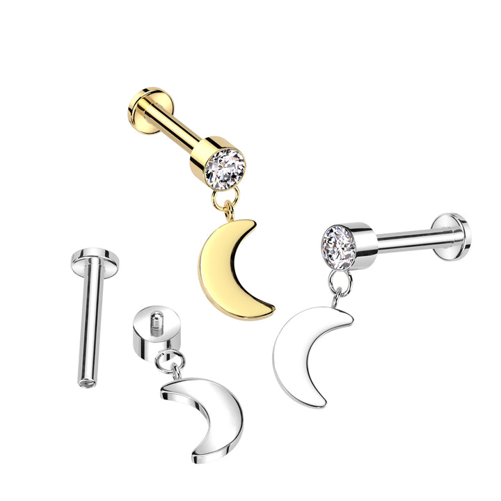 Implant Grade Titanium Gold PVD White CZ Crescent Moon Dangle Flat Back Labret - Pierced Universe