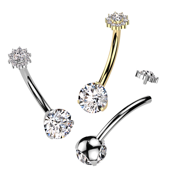 Implant Grade Titanium Gold PVD Internally Threaded White CZ Gem Flower Belly Ring - Pierced Universe