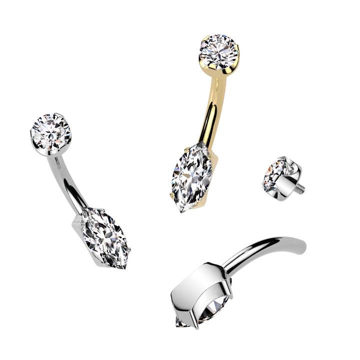 Implant Grade Titanium Dainty White Marquise Internally Threaded Belly Ring - Pierced Universe