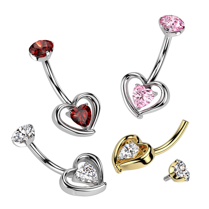 Implant Grade Titanium Red CZ Heart Shaped Belly Ring - Pierced Universe