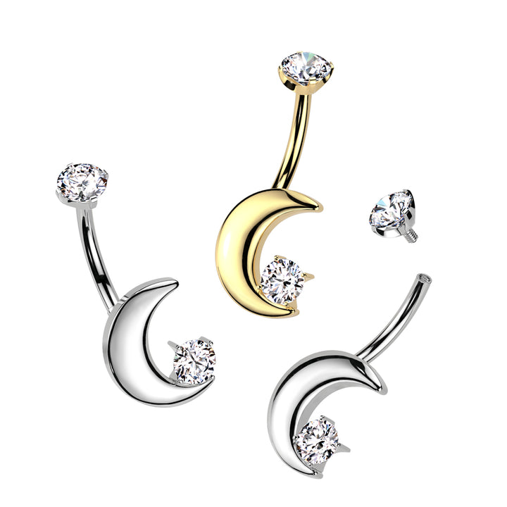 Implant Grade Titanium Gold PVD White CZ Crescent Moon Internally Threaded Belly Ring - Pierced Universe