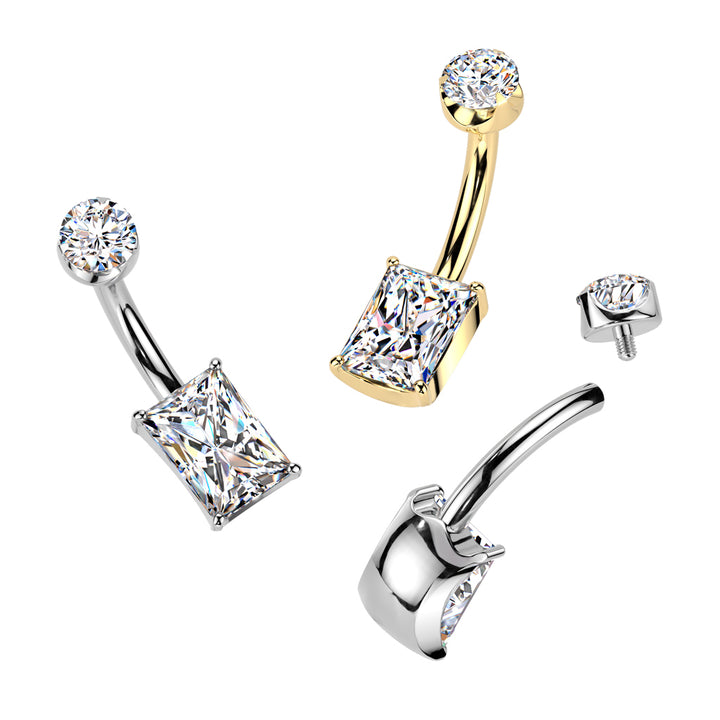 Implant Grade Titanium Gold PVD White CZ Rectangle Clawed Internally Threaded Belly Ring - Pierced Universe