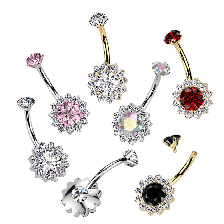 Implant Grade Titanium Gold PVD White CZ Black Large Flower Internally Threaded Belly Ring - Pierced Universe
