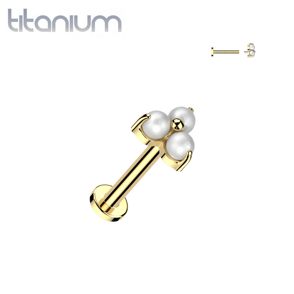 Implant Grade Titanium Gold PVD White Pearl Trillium Internally Threaded Flat Back Labret - Pierced Universe