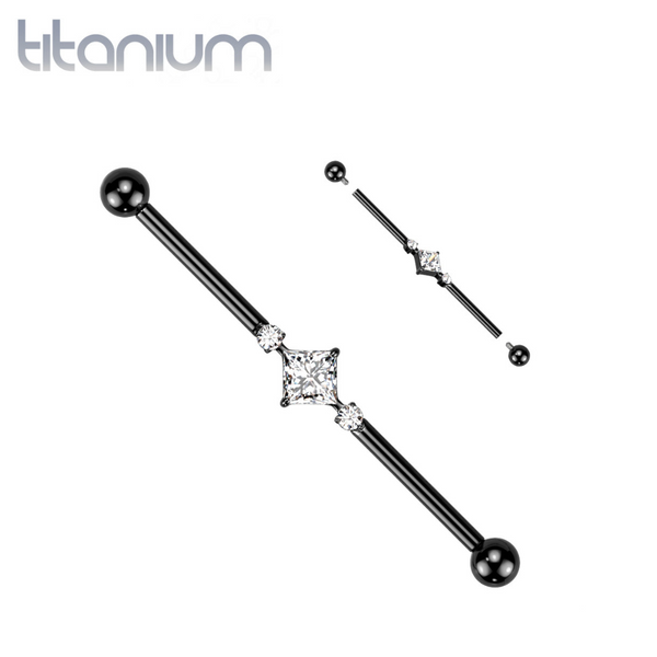 Implant Grade Titanium Black PVD White CZ Square & Circle Gem Cluster Industrial Straight Barbell - Pierced Universe