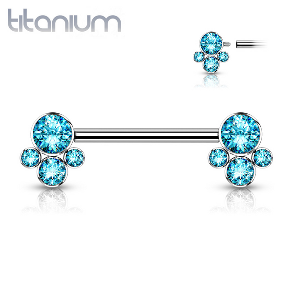 Implant Grade Titanium Internally Threaded Aqua CZ Cluster Nipple Ring Straight Barbell - Pierced Universe