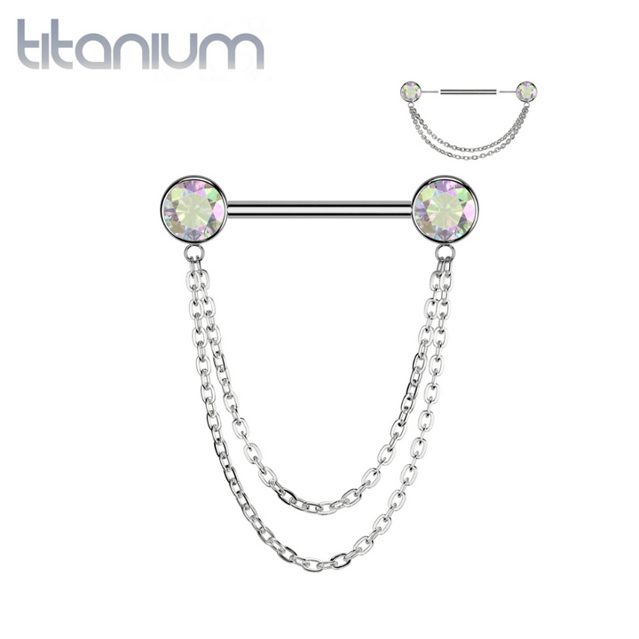 Implant Grade Titanium AB CZ Bezel Chain Dangle Threadless Push In Straight Barbell Nipple Ring - Pierced Universe