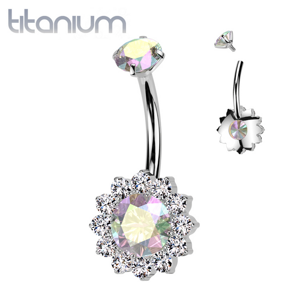 Implant Grade Titanium White CZ Aurora Borealis Large Flower Internally Threaded Belly Ring - Pierced Universe