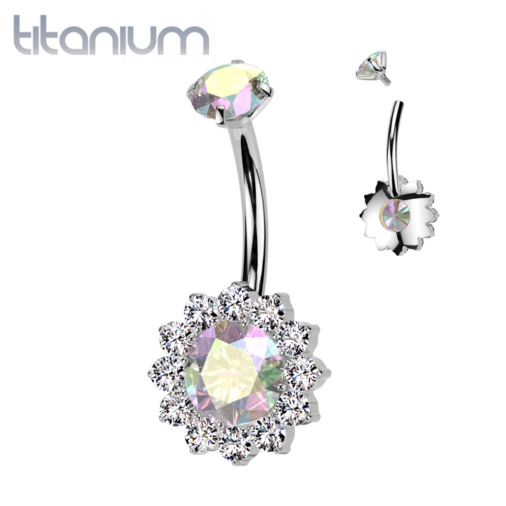 Implant Grade Titanium White CZ Aurora Borealis Large Flower Internally Threaded Belly Ring - Pierced Universe
