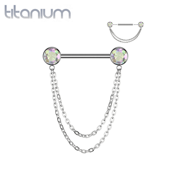 Implant Grade Titanium AB CZ Bezel Chain Dangle Threadless Push In Straight Barbell Nipple Ring - Pierced Universe