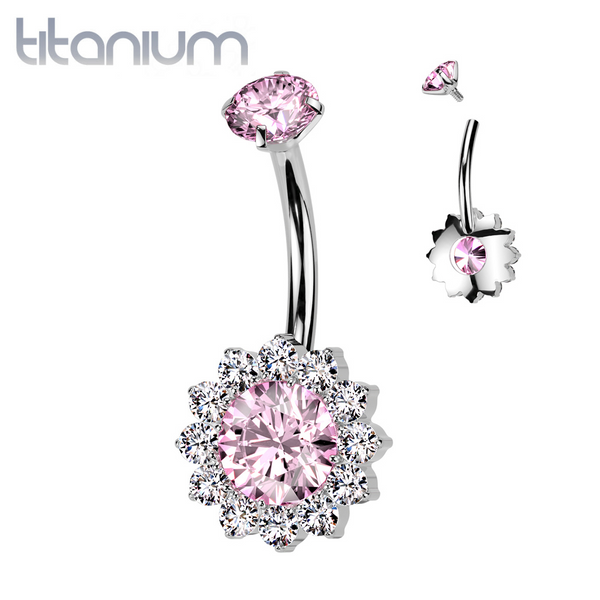 Implant Grade Titanium White CZ Pink Large Flower Internally Threaded Belly Ring - Pierced Universe