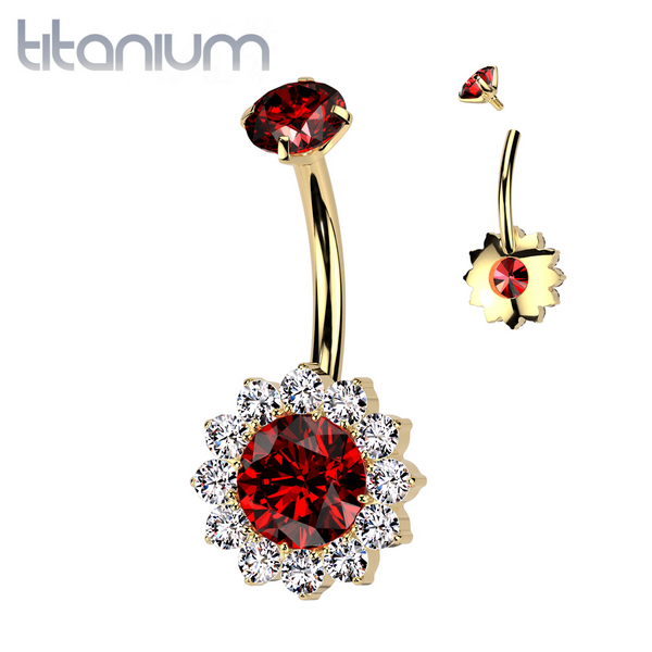 Implant Grade Titanium Gold PVD White CZ Red Large Flower Internally Threaded Belly Ring - Pierced Universe